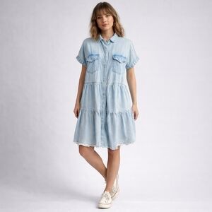 Denim Pearl Snap Shirt Dress Size XL Western Cowgirl Tiered Prairie Fringe